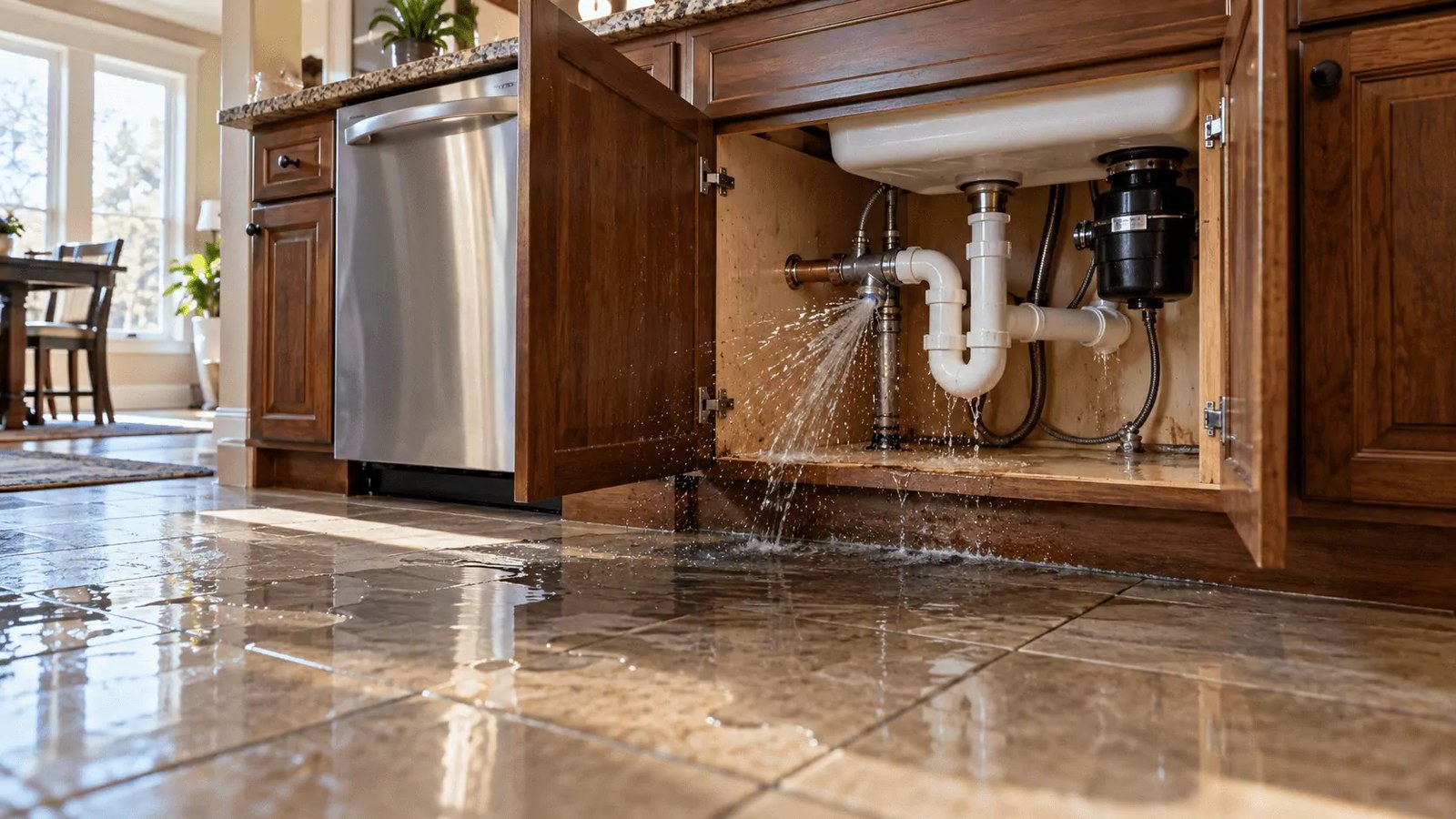 Water leaking from pipes under a kitchen sink