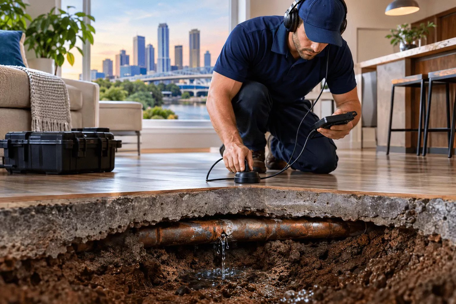 Plumber inspecting for a hidden water leak