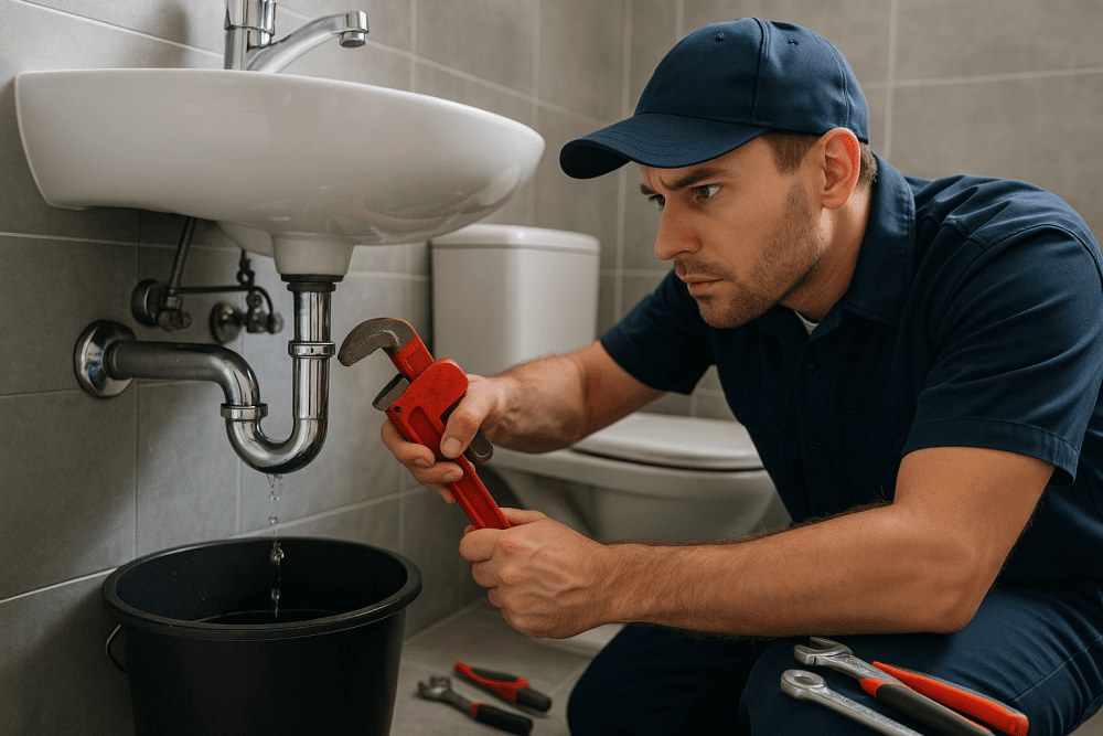 Plumber working on commercial plumbing fixtures