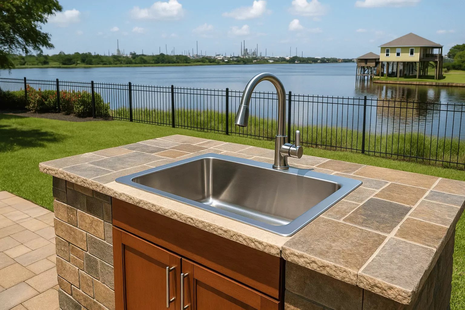 Outdoor sink installation by a lake